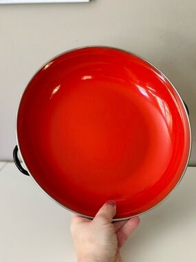 Vintage Yugoslavia bright red orange enamelware sauté pan
